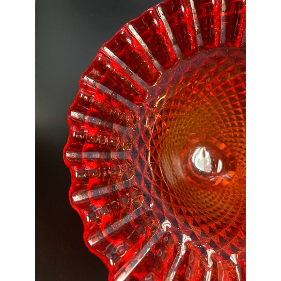 Fenton? Amberina Red / Orange Art Glass Ruffle-Edge Pedestal Bowl - Ornate Dish - Picture 4 of 12